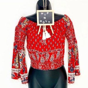 BAND OF GYPSIES Boho Pom Pom Crop Top Red Size Small